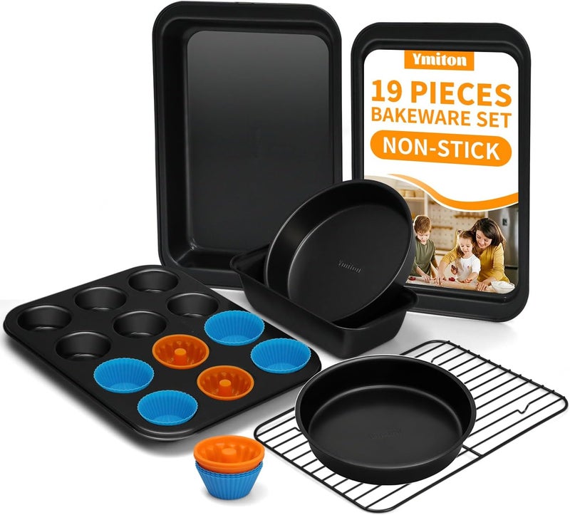 Ymiton Nonstick Baking Pans Set, 19 PCS Stackable Bakeware Sets, Oven Pan Set Includes Baking Tray, Cookie Sheet, Cake Pans, Loaf Pan, Muffin Pan, Silicone Cups - Image 1